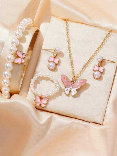 طقم مجوهرات أوروبي وأمريكي للأطفال - سوار لؤلؤي، خاتم، قلادة بحليّة فراشة جميلة، أقراط