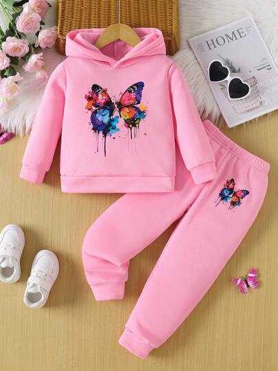 مجموعة بنطال وكنزة بغطاء رأس مطبوعة بفراشات لفتاة عصرية