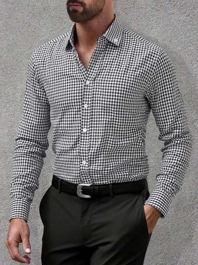 قميص رجالي بتصميم جديد لعام 2025 بنمط مربعات أبيض وأسود فضفاض وعملي، موضة كورية بقميص مربعات كبير الحجم، مناسب للارتداء في العمل والأوقات العادية خلال فصلي الربيع والخريف