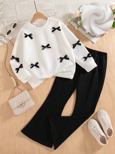 مجموعة من طقم هودي القطيفة وبنطلون ذو تفاصيل فراشة بتصميم رقبة دائرية وأكمام طويلة وأكتاف منخفضة، مناسبة للخريف والشتاء، قطعتان للبنات المبتدئات