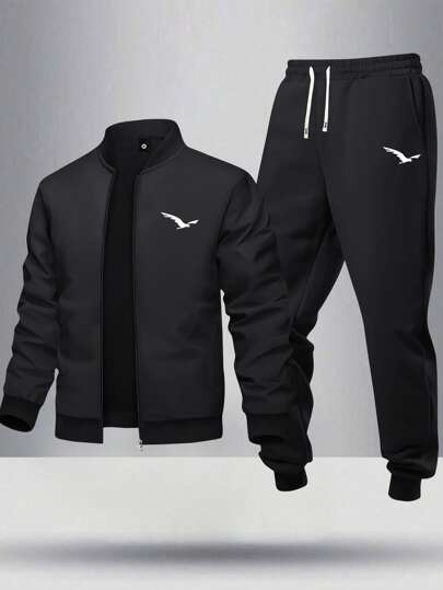 طقم جاكيت بومبر بطباعة الطيور وبنطلون جوجر قطعتان للرجال, للاستخدام الكاجوال في الخارج خلال فصلي الربيع والخريف