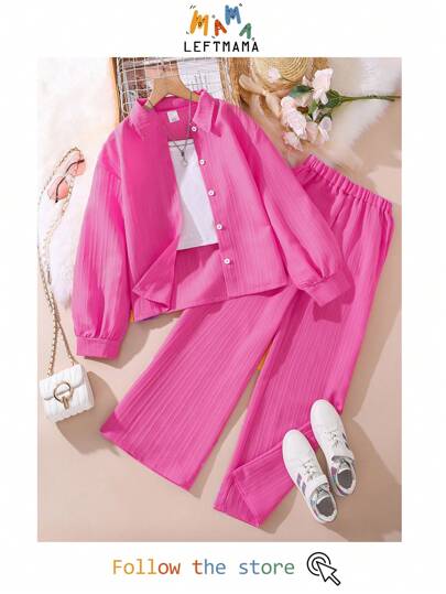 Left Mama مجموعة بلوزة كُم طويل طوق منقلب وبنطلون للفتيات المراهقات 2 قطعة، جديد للخريف