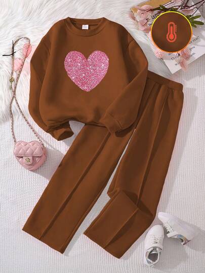 Left Mama مجموعة بنطلون وبلوزة كم طويل مطبوعة بالزهور مبطنة حرارياً للفتيات المراهقات، خريف وشتاء، قطعتان