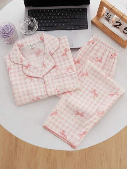 Genkimix Kids بجامة فتاة المدرسة: بنطلون طويل بطباعة الفراشة والرقعة مع كارديجان كاجوال طويل الأكمام 2 قطعة، للبنات الأكبر سنًا