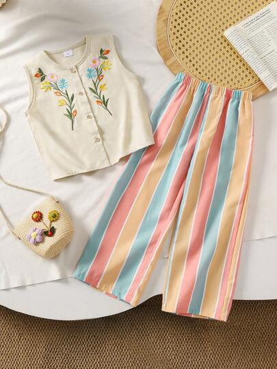 مجموعة ملابس علوية أكمام بلا أكمام مطرز + بنطلون مخطط مناسبة للبنات الصغيرات الراقية، 2 قطعة