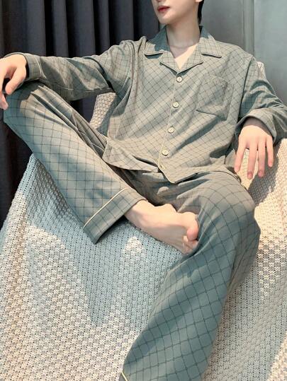 طقم بيجامة رجالي من قطعتين (ملابس علوية وبنطلون) طويل الأكمام، مخطط، قابل للتنفس وماص للعرق، مناسب للربيع والخريف