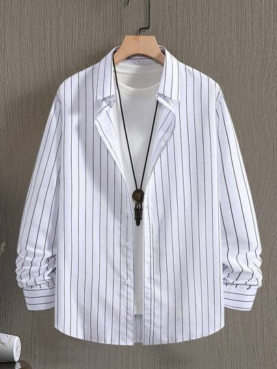 قميص كاجوال بأكمام طويلة وأزرار للرجال بخطوط للربيع و الصيف الاستخدام اليومي