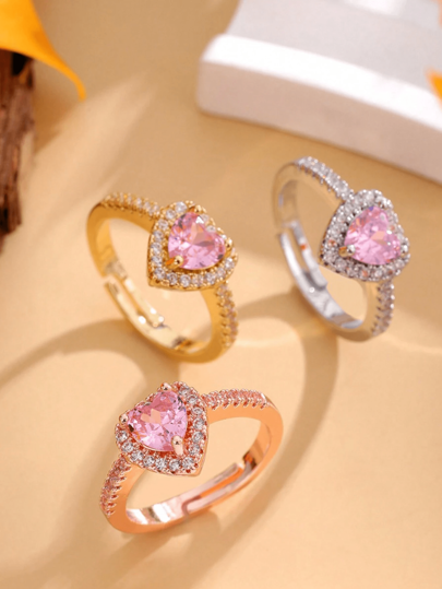 خاتم على شكل قلب وردي اللون مرصع بحجر الزركونيا وحجارة شفافة براقة، خاتم فاخر مفتوح