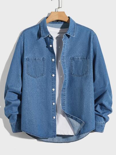 SWAVVY قميص دنيم قطن جيب مزدوج بدون تي شيرت للرجال