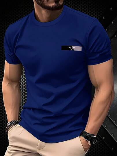 Manfinity Homme ملابس علوية تي شيرت قصير الأكمام بتصميم بسيط مع شعار النورس، ملابس علوية رجالي قصير الأكمام متعدد الاستخدامات وبتصميم بسيط