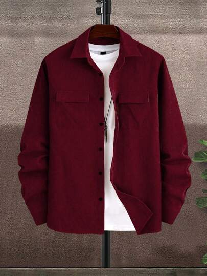 Manfinity Homme قميص كاجوال ذو أزرار أمامية بأكمام طويلة للاستخدام اليومي للرجال ، خريفي