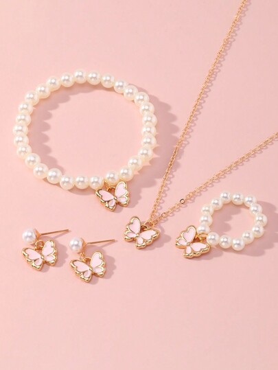 عقد على شكل فراشة 1 قطعة يتضمن 1 عقد و 1 سوار و1 زوج من الأقراط و 1 حلقة، مثالي لارتداء الفتيات اليومي