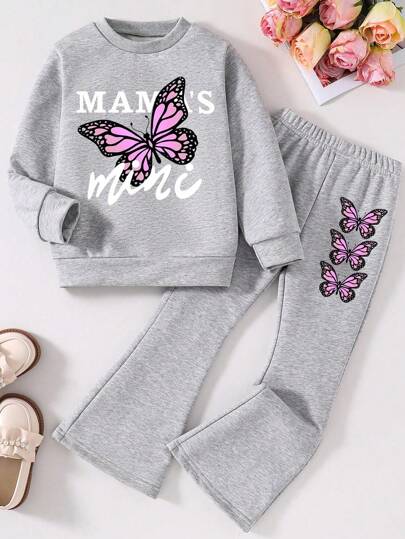 بنطلون ذو تصميم واسع وبلوزة بطاقم رقبة بطبعة فراشة وحرف للفتيات المراهقات مجموعة ملابس كاجوال